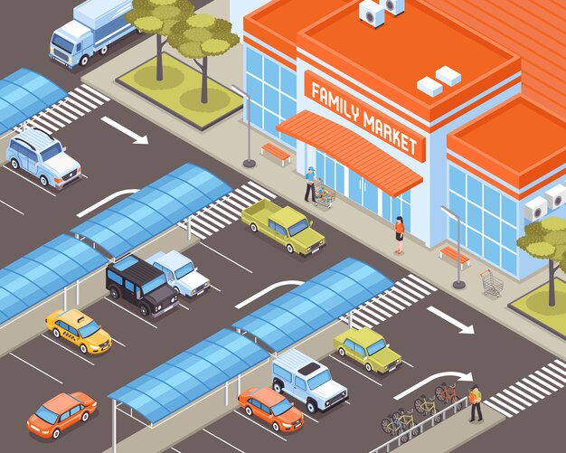 Transporte personal en la zona de estacionamiento cerca de la ilustración isométrica del edificio del mercado