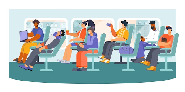 Transporte público pasajeros de autobuses de larga distancia durmiendo haciendo fotos mensajes desde el teléfono pc ilustración de composición plana