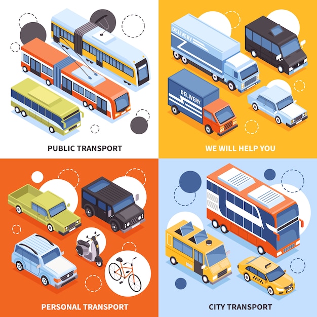 Transporte público transportistas de la ciudad vehículos personales camiones para entrega de carga ilustración de concepto de diseño isométrico