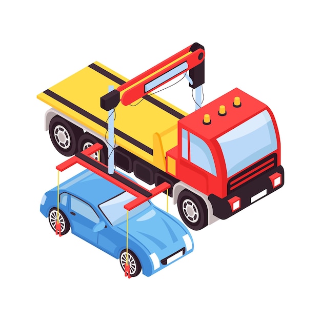 Transporte de vehículos de camión de remolque isométrico ayuda a la composición de la carretera con ilustración de vector de imagen aislada