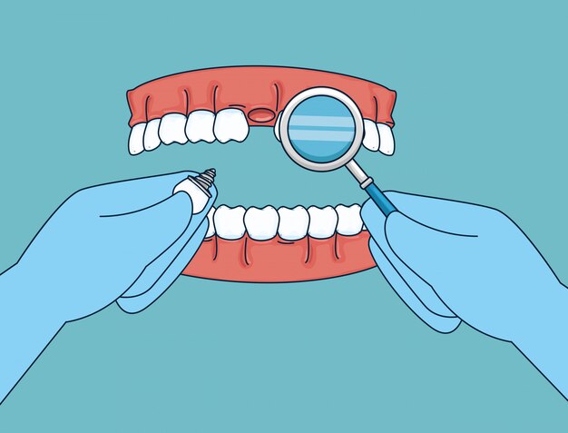 Tratamiento dental con espejo bucal y prótesis