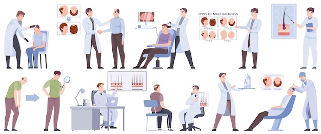 Tratamiento de pérdida de cabello para hombres con símbolos de tipo de calvicie ilustración vectorial aislada plana