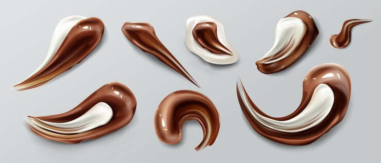 Vector gratuito trazos de chocolate marrón líquido blanco manchas de salsa ganache o manchas de jarabe y derretir manchas aisladas