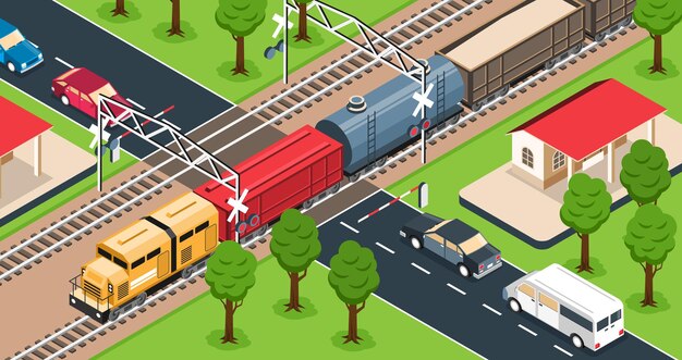 Tren de carga en la ilustración del cruce ferroviario