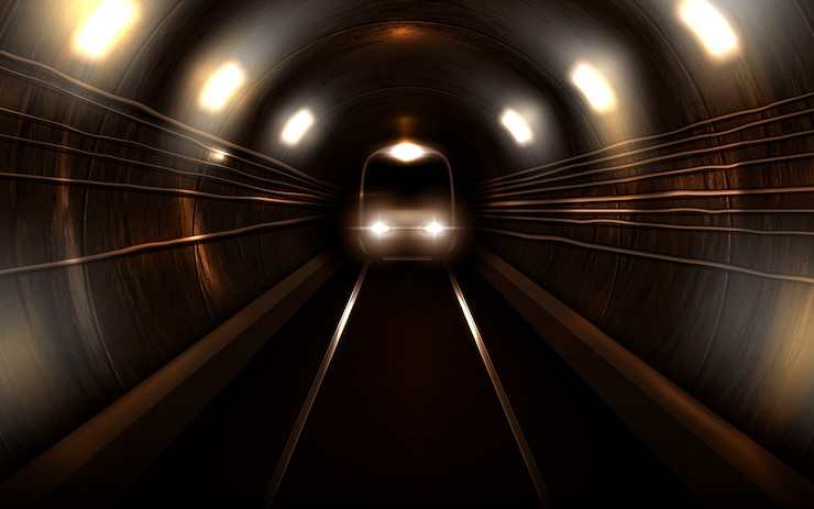 Vector gratuito tren de metro en locomotora de vista frontal del túnel de metro