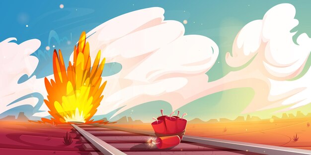 Tren sabotaje escena occidental tnt dinamita con mecha ardiendo sobre durmientes de ferrocarril y explosión de bomba en el salvaje paisaje natural del oeste con desierto bajo cielo nublado Ilustración vectorial de dibujos animados