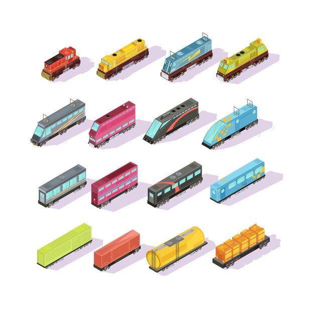 Trenes conjunto isométrico de aislados coloridos locomotoras vagones de carga y sofá de pasajeros