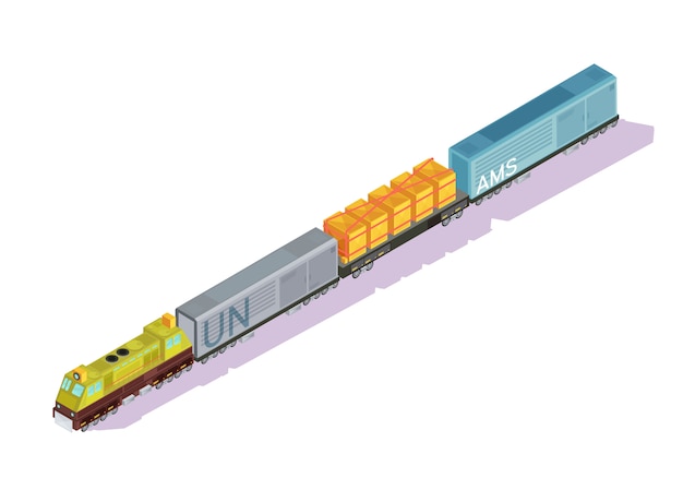 Trenes conjunto isométrico de autos con vagones de locomotoras y furgonetas de riel de refrigerador de carga con sombras vector ilustración