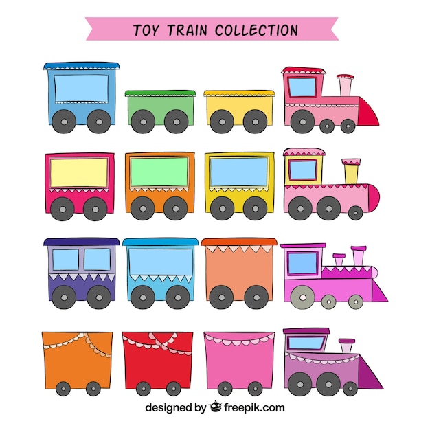Trenes de juguete de colores dibujados a mano