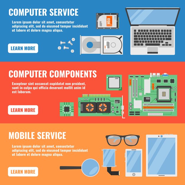 Tres banner horizontal de servicio de computadora con descripciones de componentes de computadora y ilustración de vector de servicio móvil