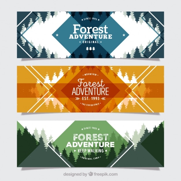 Vector gratuito tres banners para la aventura en el bosque