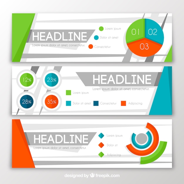 Vector gratuito tres banners infográficos con gráficos de colores