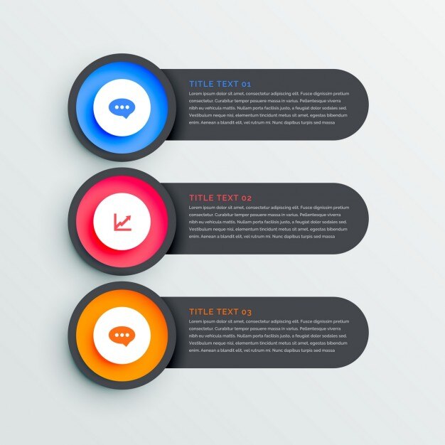 Tres banners infográficos oscuros con círculos de colores