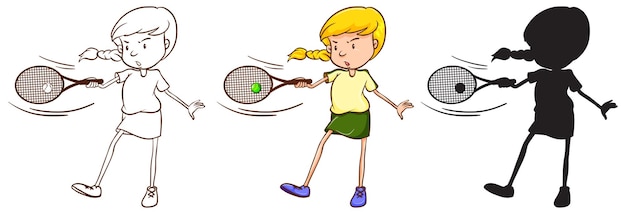 Vector gratuito tres bocetos de una niña jugando al tenis