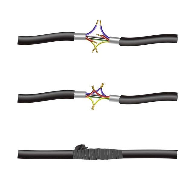 Tres cables eléctricos dañados y reparados conjunto realista ilustración vectorial aislada