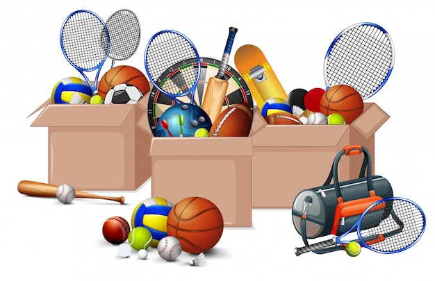 Tres cajas llenas de equipos deportivos sobre fondo blanco.