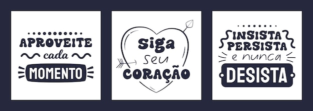 Tres carteles cuadrados en portugués brasileño