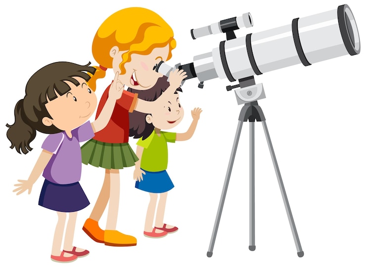 Vector gratuito tres chicas mirando a través del telescopio