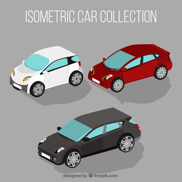 Vector gratuito tres coches en estilo isométrico 