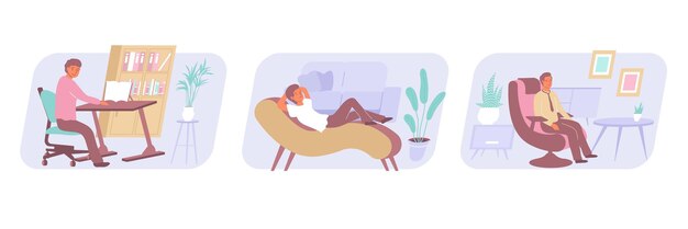 Tres composiciones planas con hombres sentados en muebles ergonómicos en casa o en la oficina ilustración vectorial aislada