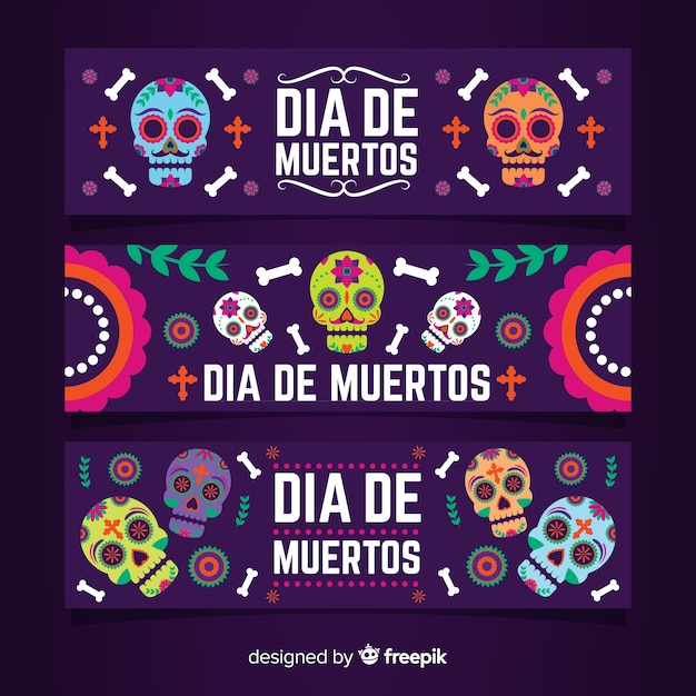 Tres creativos banners del día de muertos