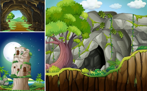 Tres escenas con cueva y montaña