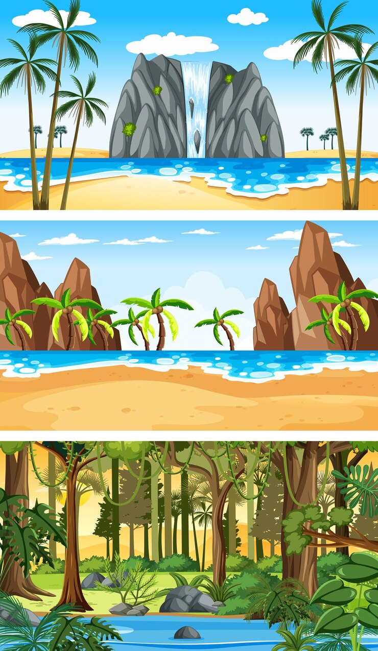 Vector gratuito tres escenas horizontales de naturaleza diferente.