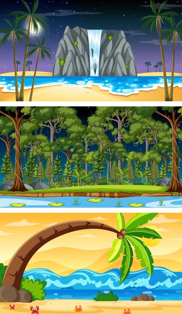 Tres escenas horizontales de naturaleza diferente.