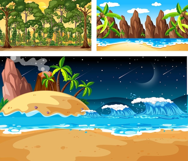 Vector gratuito tres escenas de paisajes naturales diferentes.