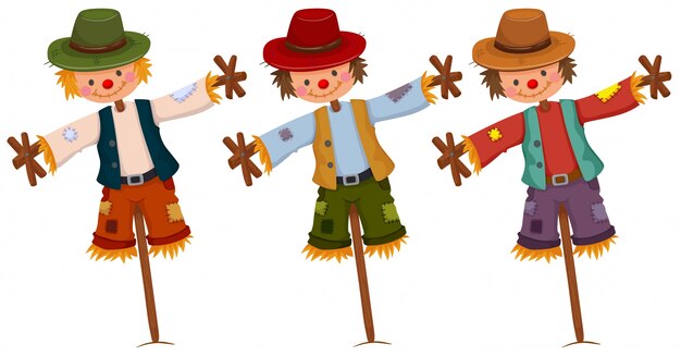 Tres espantapájaros en palos de madera ilustración