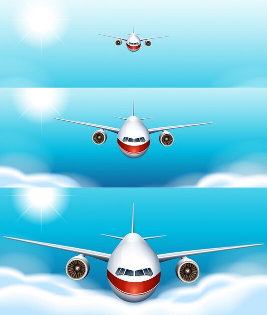 Tres fondos de escena de avión volando en el cielo