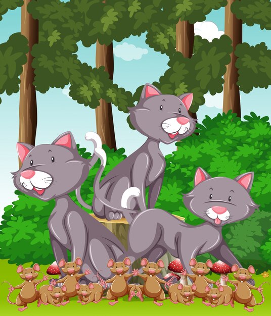 Tres gatos y muchos ratones en el parque