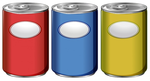 Tres latas con diferentes etiquetas de color