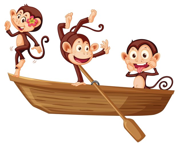 Tres monitos en bote de madera.