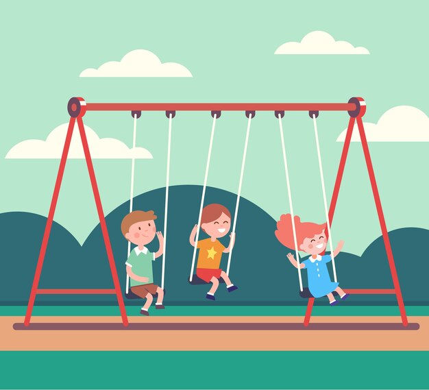 Tres muchachos de los cabritos y muchacha que oscilan en parque público