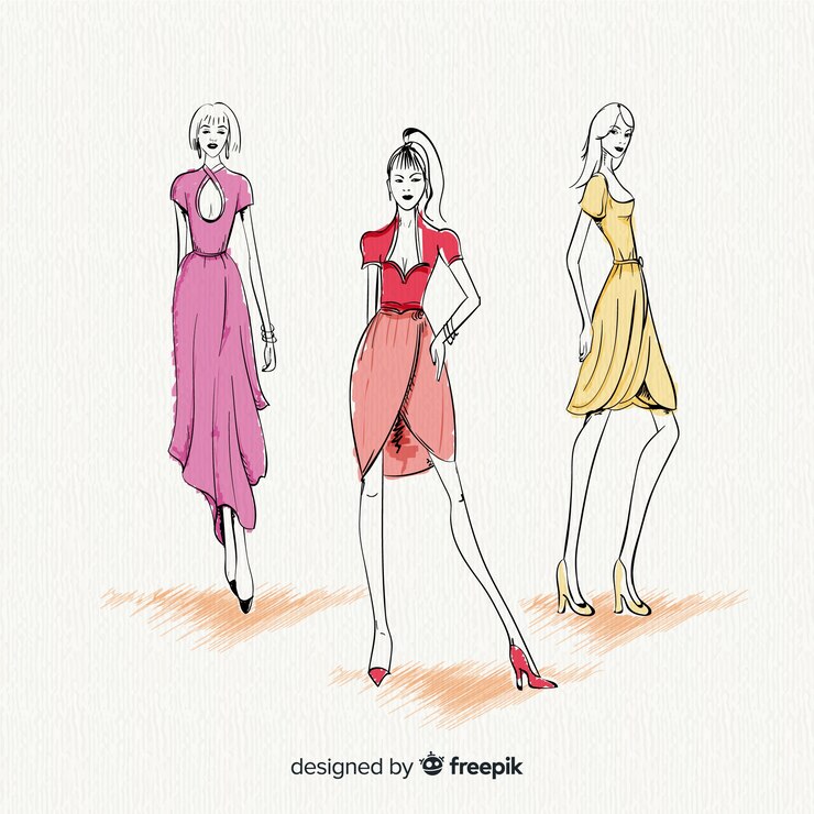 Vector gratuito tres mujeres modelos posando, ropa de moda, dibujado a mano