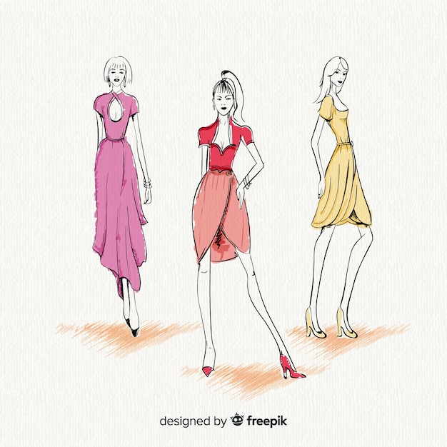 Tres mujeres modelos posando, ropa de moda, dibujado a mano