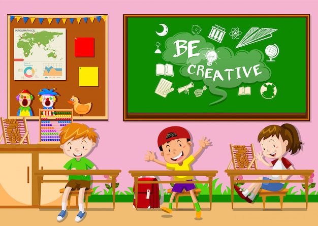 Tres niños aprendiendo en el aula