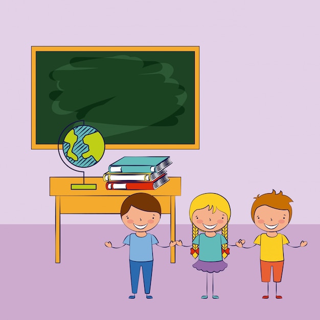 Tres niños en un aula con elementos escolares ilustración
