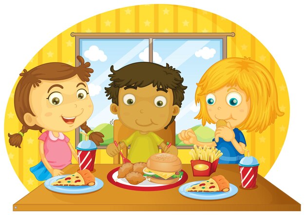 Tres niños comiendo en la mesa