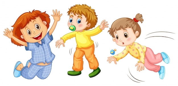 Tres niños haciendo diferentes actividades ilustración