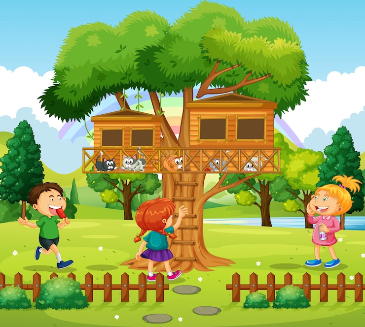 Vector gratuito tres niños jugando en la casa del árbol
