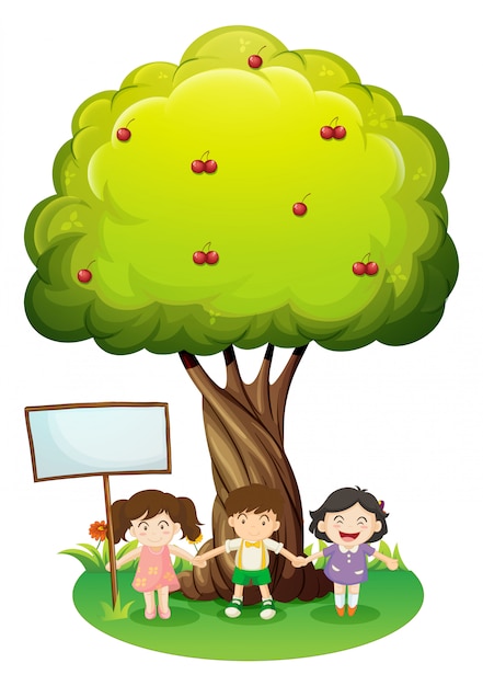 Vector gratuito tres niños de pie bajo el árbol con un letrero vacío