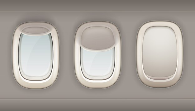 Tres ojos de buey realistas del avión de plástico blanco con cortinas de ventana abiertas y cerradas vector i