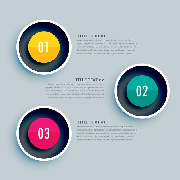 Tres opciones circulares con colores diferentes, infografía