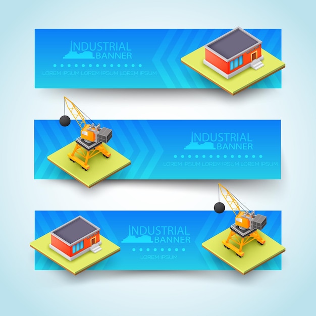 Tres pancartas horizontales de construcción en 3D aisladas y coloreadas con un gran título en el centro