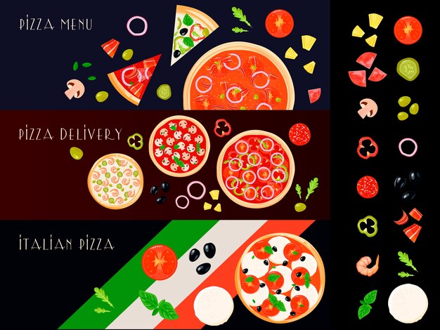 Tres pancartas horizontales de pizza italiana con iconos de ingredientes aislados de relleno