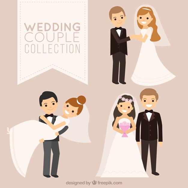 Tres parejas de recién casados sonrientes 