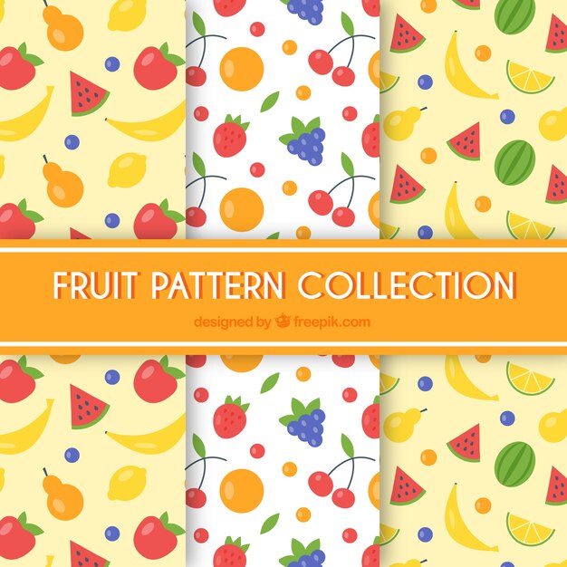 Tres patrones de fruta en diseño plano