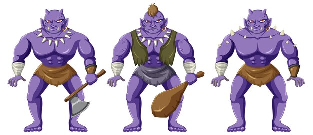 Tres personajes de dibujos animados orcos aislados